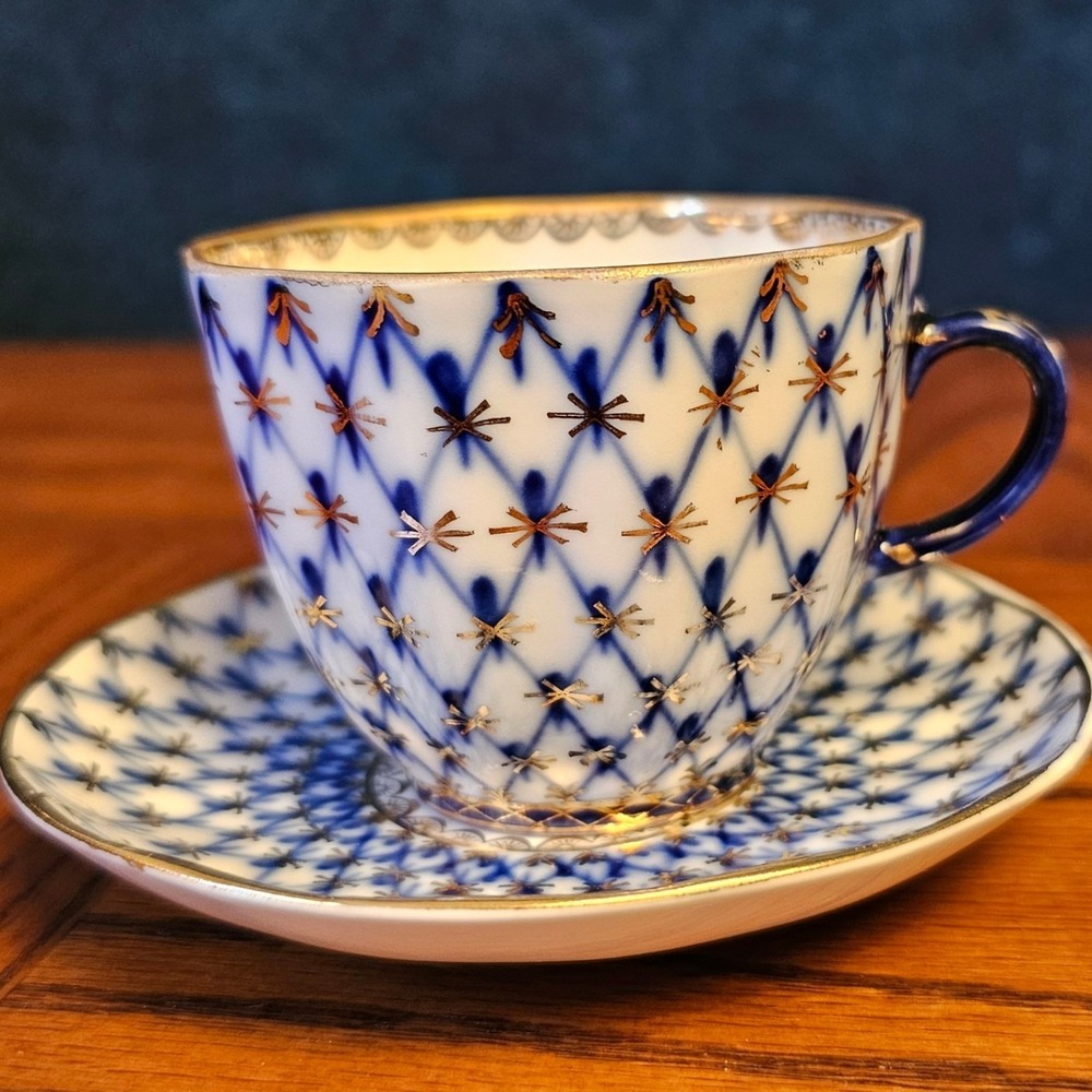 Lomonosov Imperial Porcelain Cobalt Net Tea Cup and Saucer Set Made in USSR 22K
